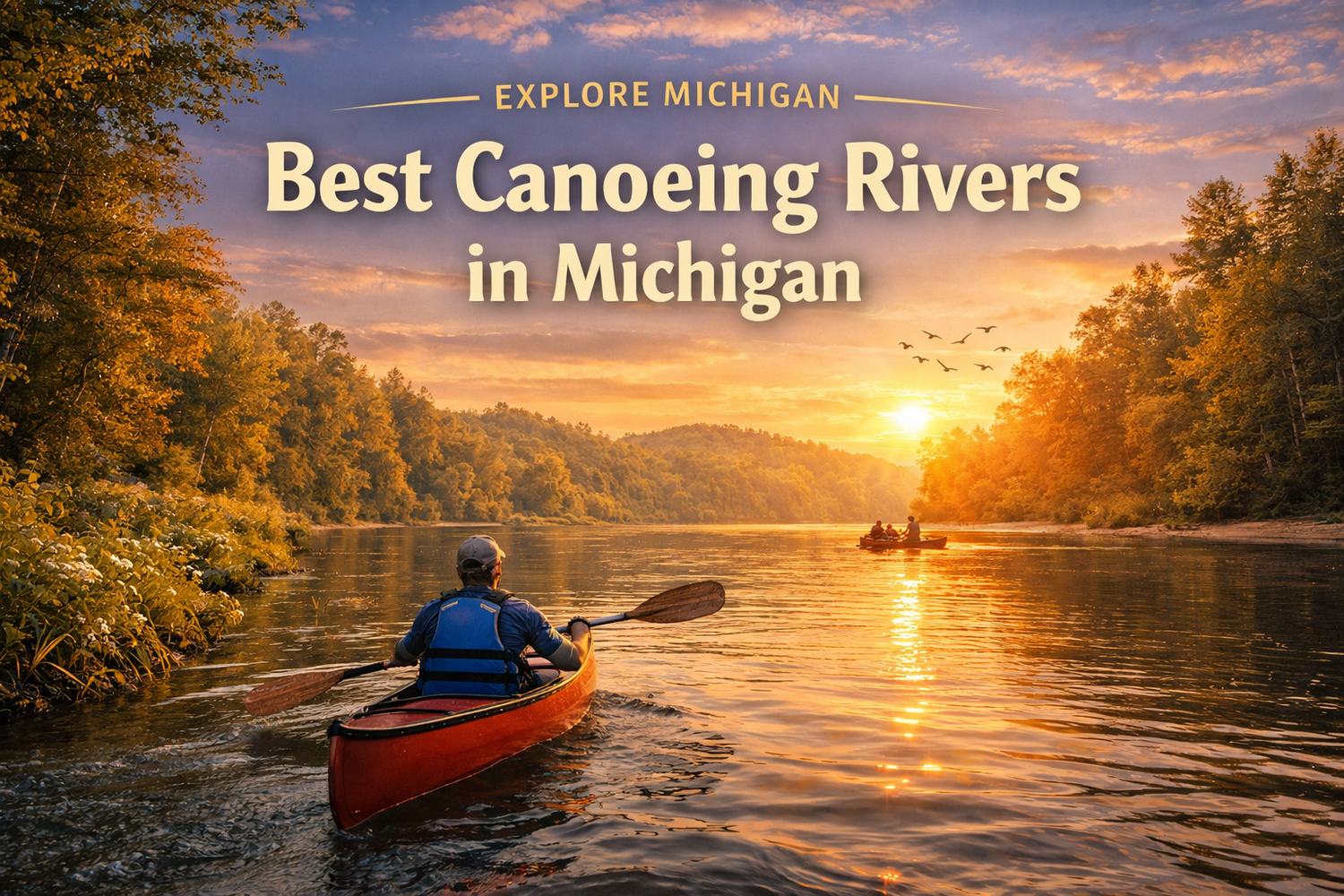 Canoeing on a scenic Michigan river during sunset exploring the best canoeing rivers in Michigan
