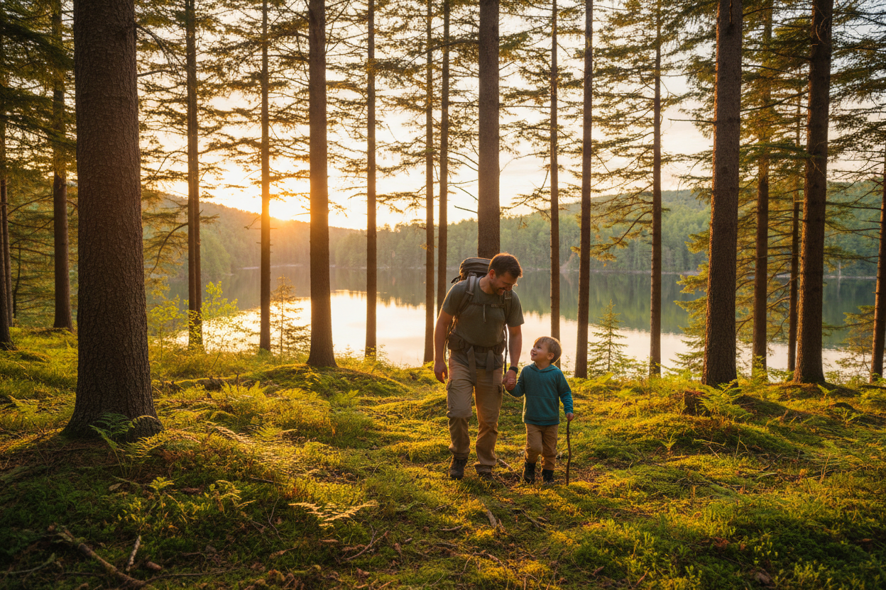 Father and son enjoying the great outdoors in Michigan