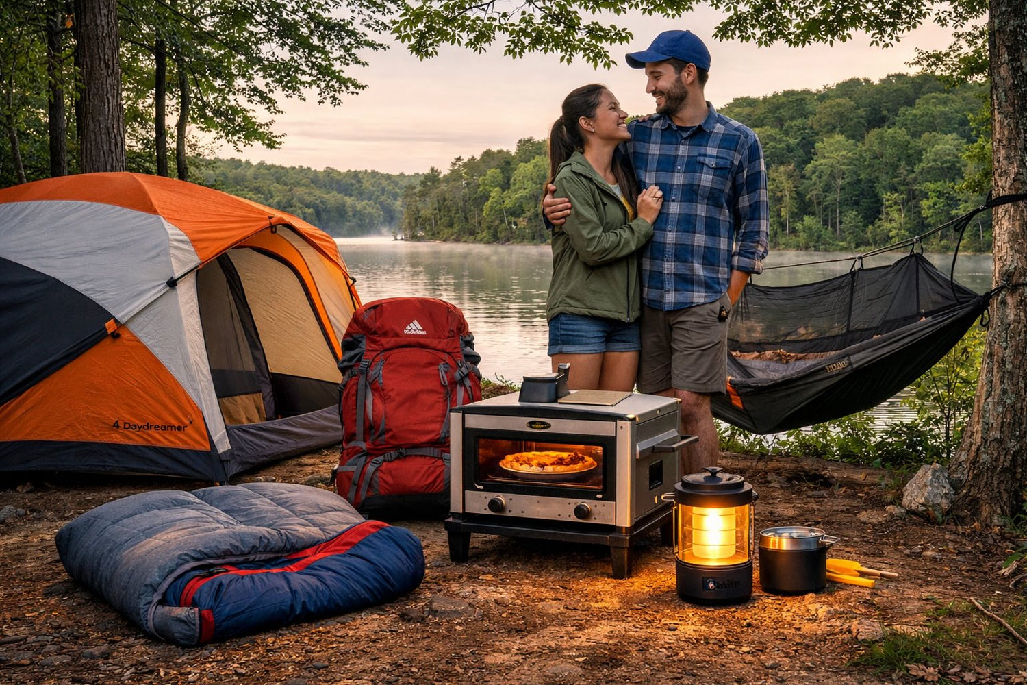 Michigan weekend camping setup with tent backpack camp cooking gear hammock and lantern by a lake