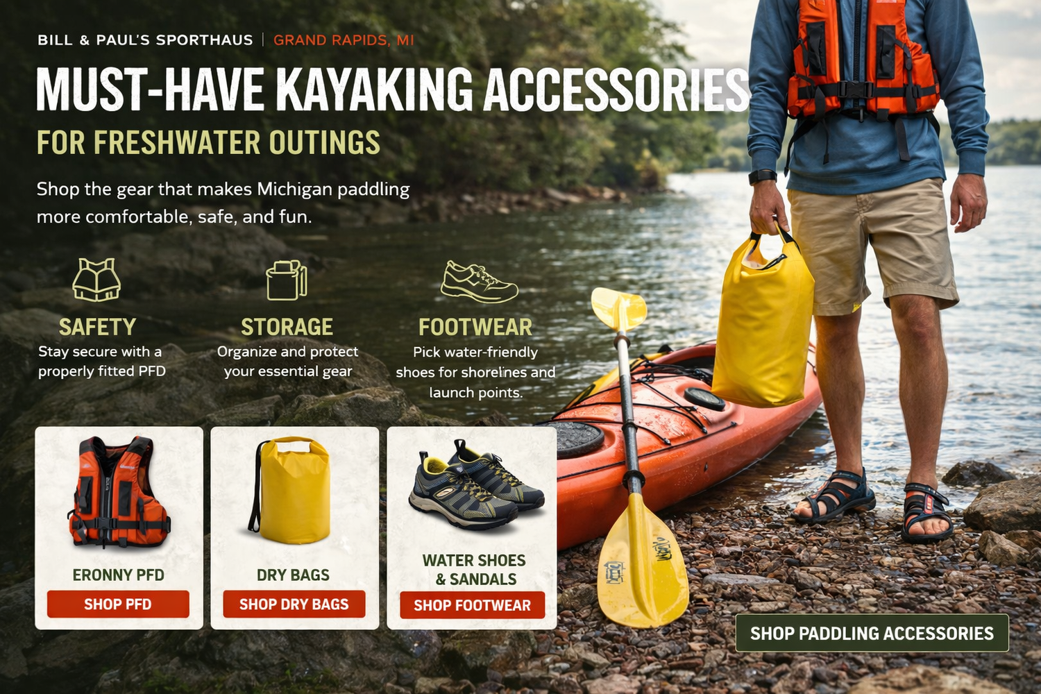 kayaker with paddling accessories including PFD dry bag and water shoes at a Michigan lake