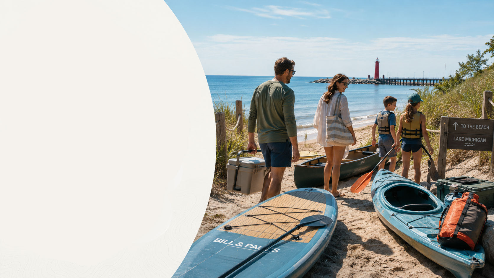 Family enjoying a summer beach campsite on Lake Michigan with a canoe, kayak, tent, and rental gear from Bill & Paul’s Sporthaus