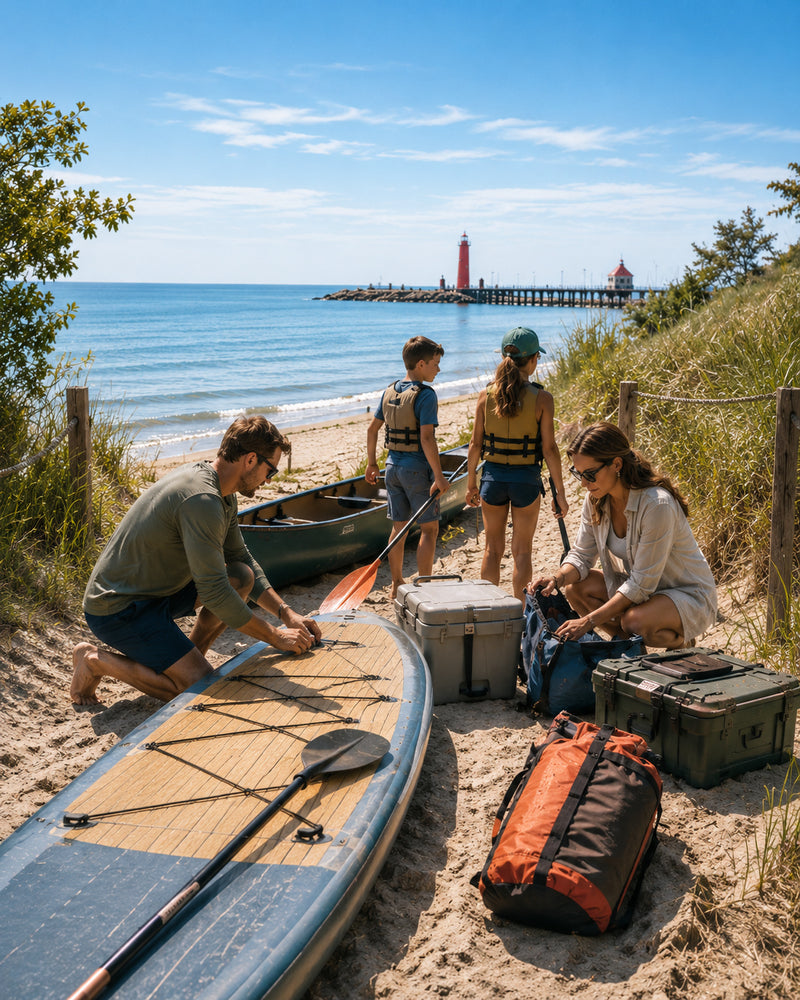 Family beach camping on Lake Michigan with canoe, kayak, tent, and outdoor rental gear at sunset.