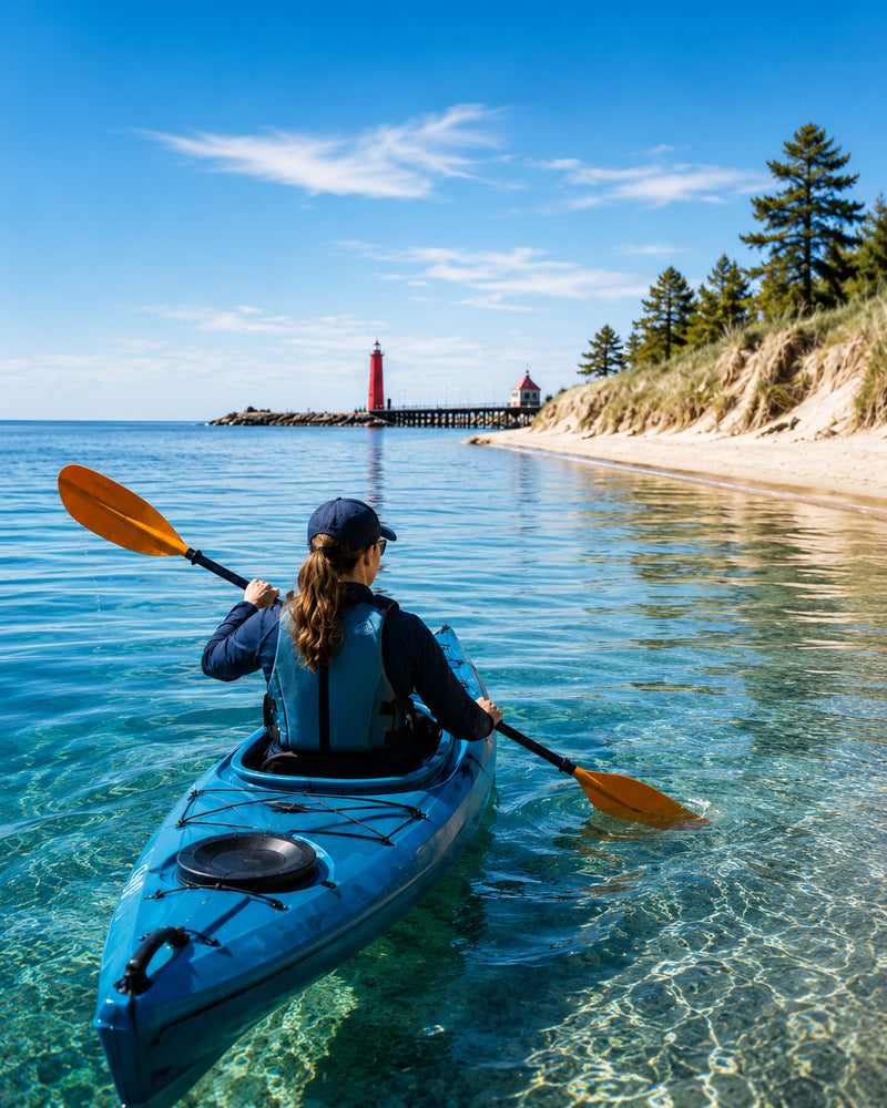Woman kayaking near the Lake Michigan shore at sunset.