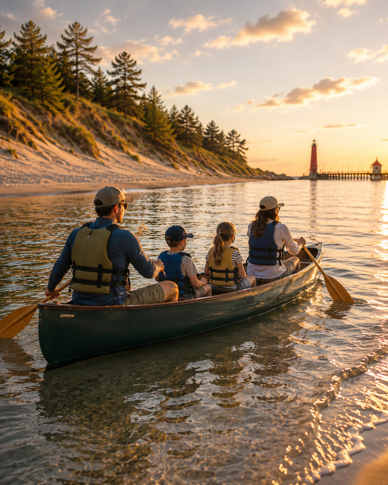 Family enjoying a canoe by the Lake Michigan shoreline at golden hour.