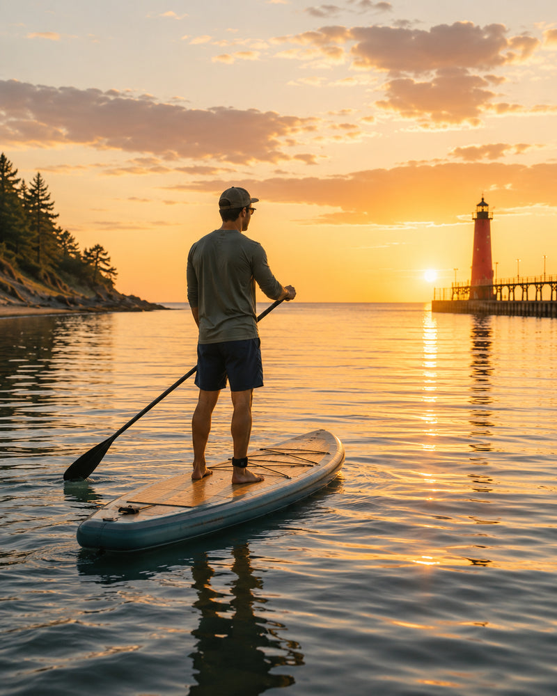 Woman paddleboarding on calm water along the Lake Michigan shoreline at sunset.