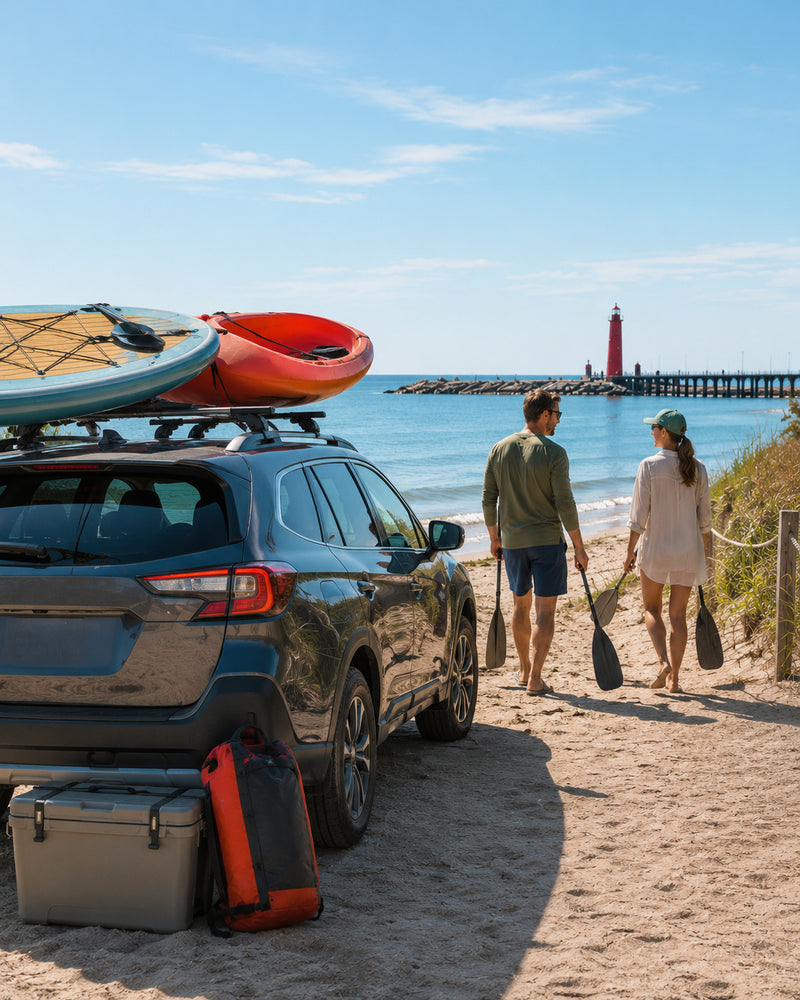 SUV with rooftop cargo box, bike rack, and outdoor adventure accessories by a lake