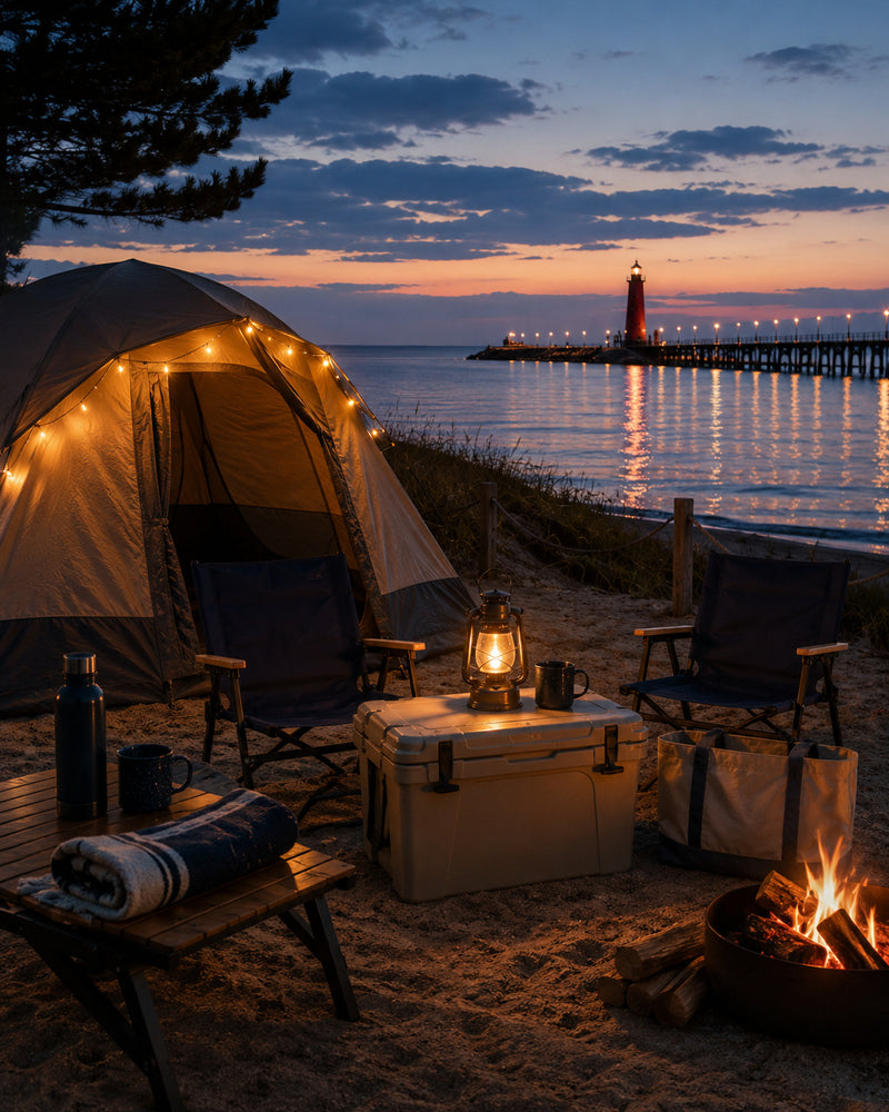 Cooler, camp chairs, drinkware, and beach camping essentials on Lake Michigan at sunset.