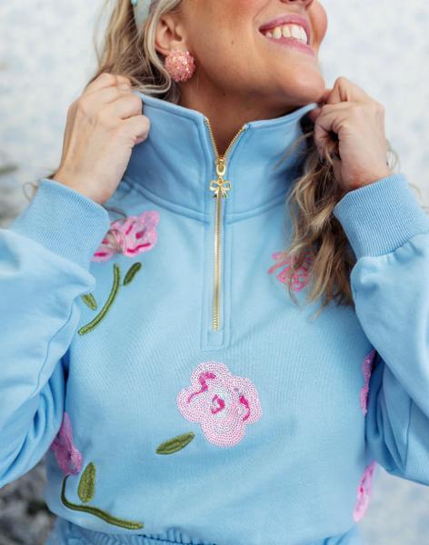 Women's Blue Floral 1/2 Zip Sweatshirt
