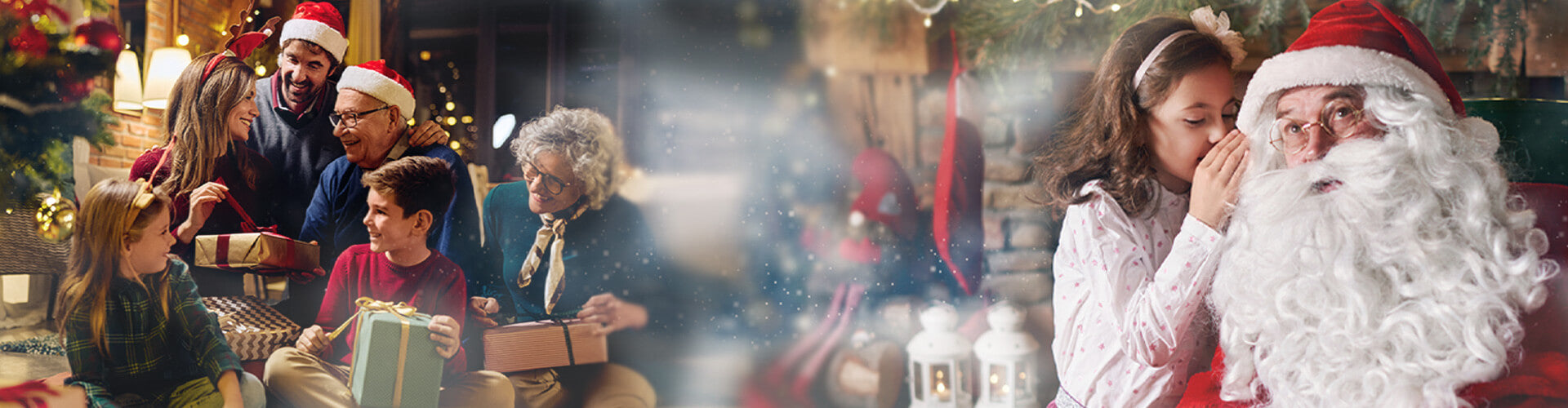 Children interacting with Santa Claus in a festive setting with blurred background