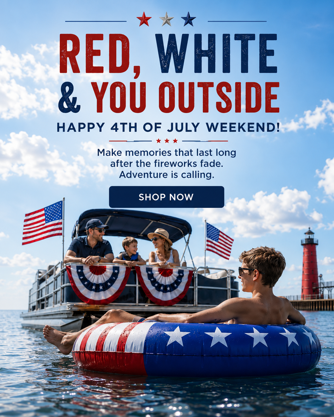 Family celebrating 4th of July weekend outdoors on Lake Michigan with American flags, a pontoon boat, and summer lake gear.