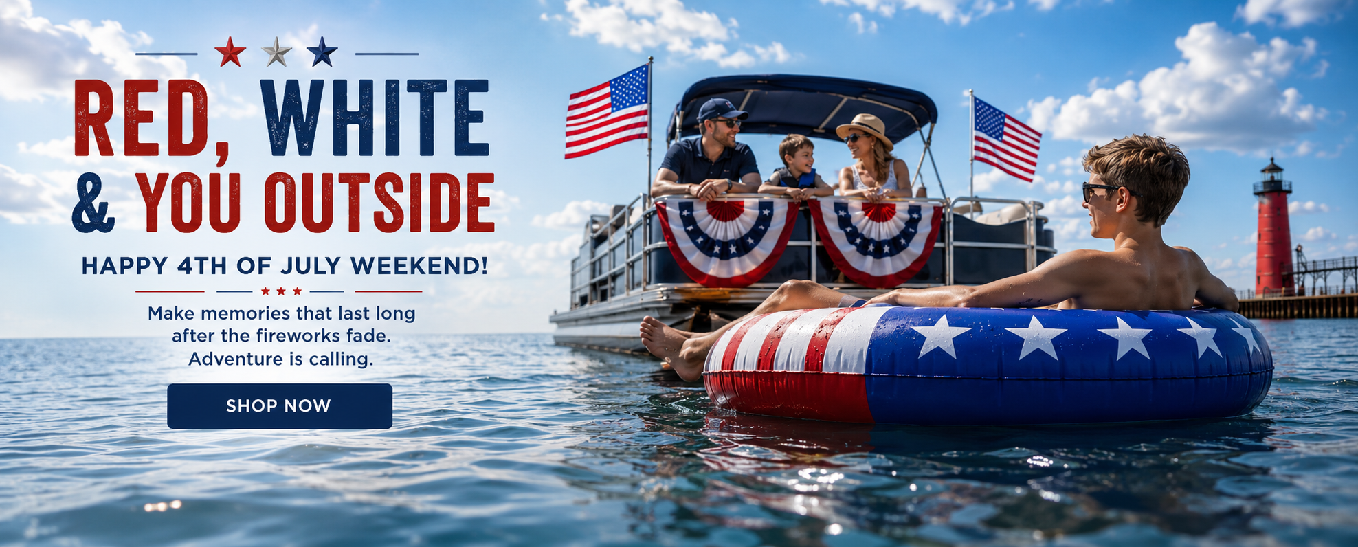Family celebrating 4th of July weekend outdoors on Lake Michigan with American flags, a pontoon boat, and summer lake gear.