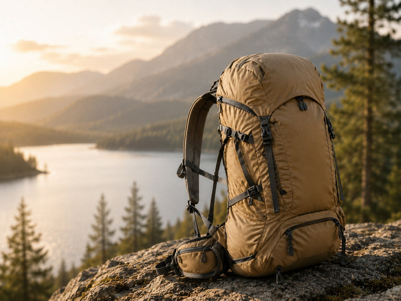 Hiking backpack overlooking a lake and mountains for outdoor travel and graduation adventures