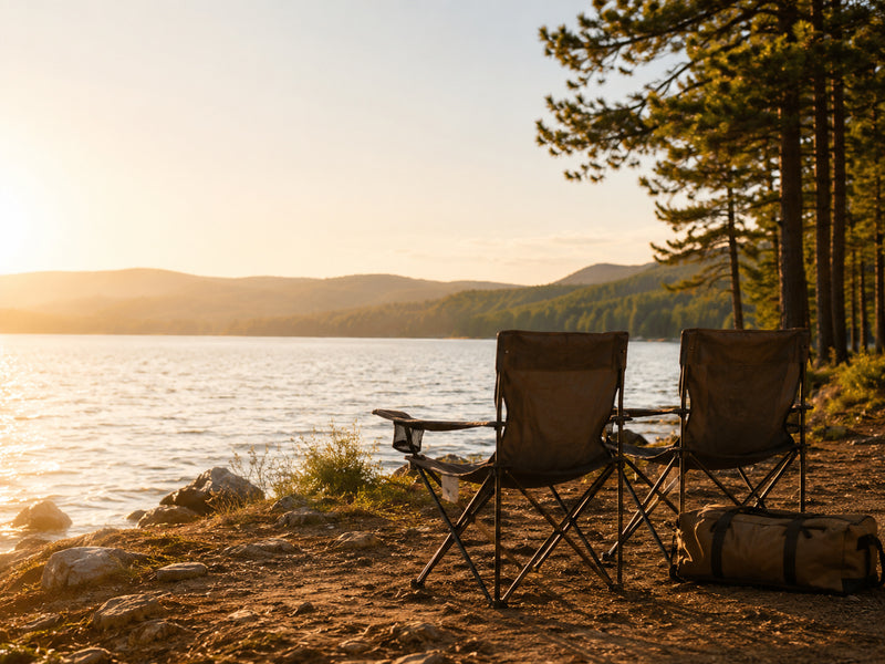 Camp chairs by a lake at sunset for Memorial Day weekend relaxation
