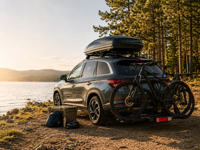 SUV with rooftop cargo box, bike rack, and outdoor adventure accessories by a lake