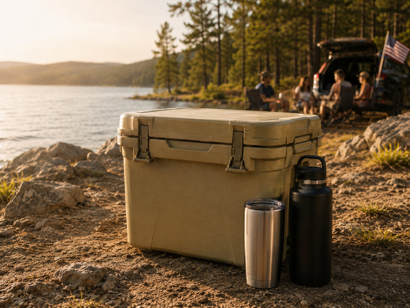 Cooler and insulated drinkware by a lake for Memorial Day weekend outdoor adventures