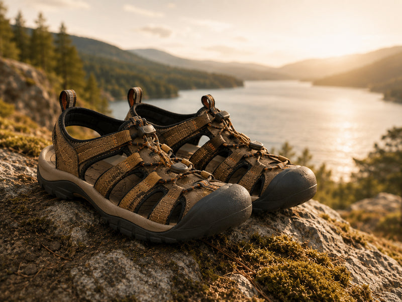 Outdoor sandals on a lakeside trail for summer hiking and travel