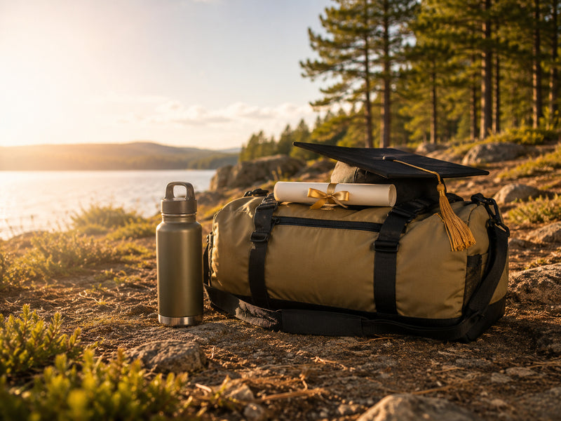Graduation gift ideas with outdoor travel gear, duffel bag, water bottle, cap, and diploma by a lake