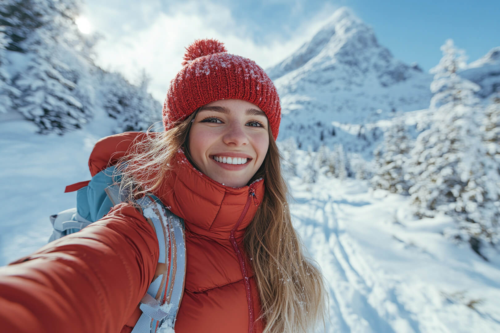 Woman in red winter clothing taking a selfie in a snowy mountain landscape