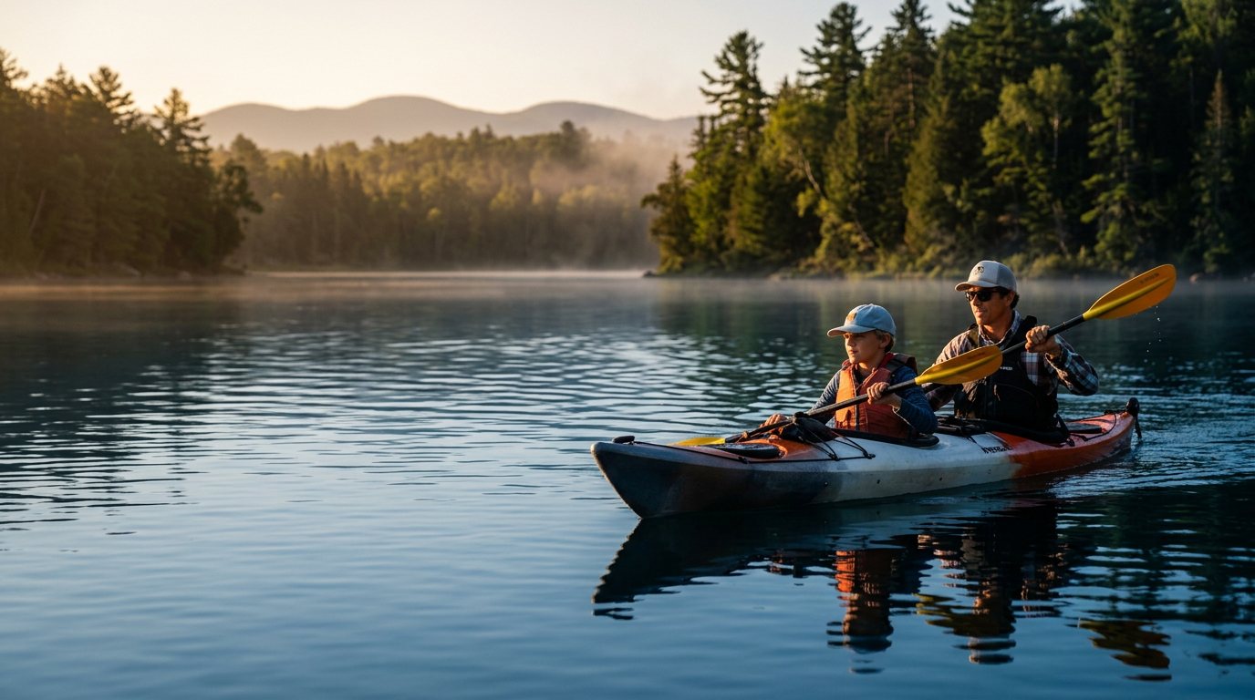 Adult and child paddling a tandem kayak on calm water at golden hour with forested shoreline in the background