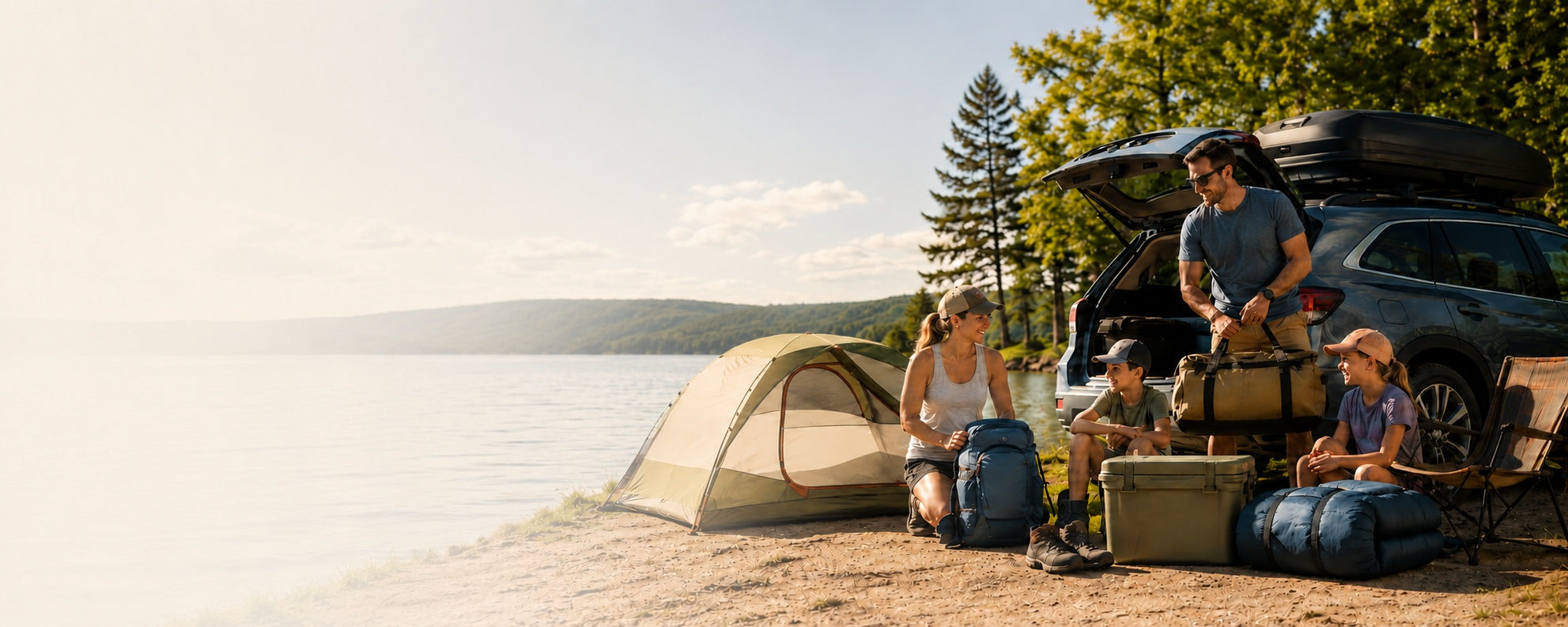Family camping by a lake with outdoor gear from Bill & Paul’s Sporthaus