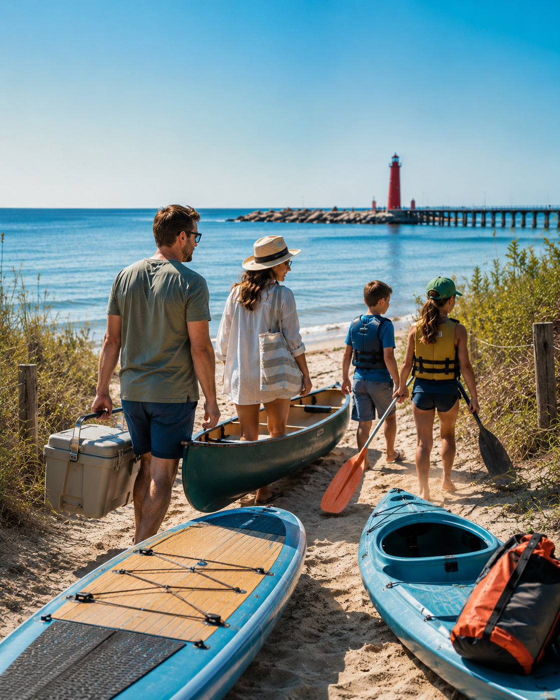 Family enjoying a summer beach campsite on Lake Michigan with a canoe, kayak, tent, and rental gear from Bill & Paul’s Sporthaus