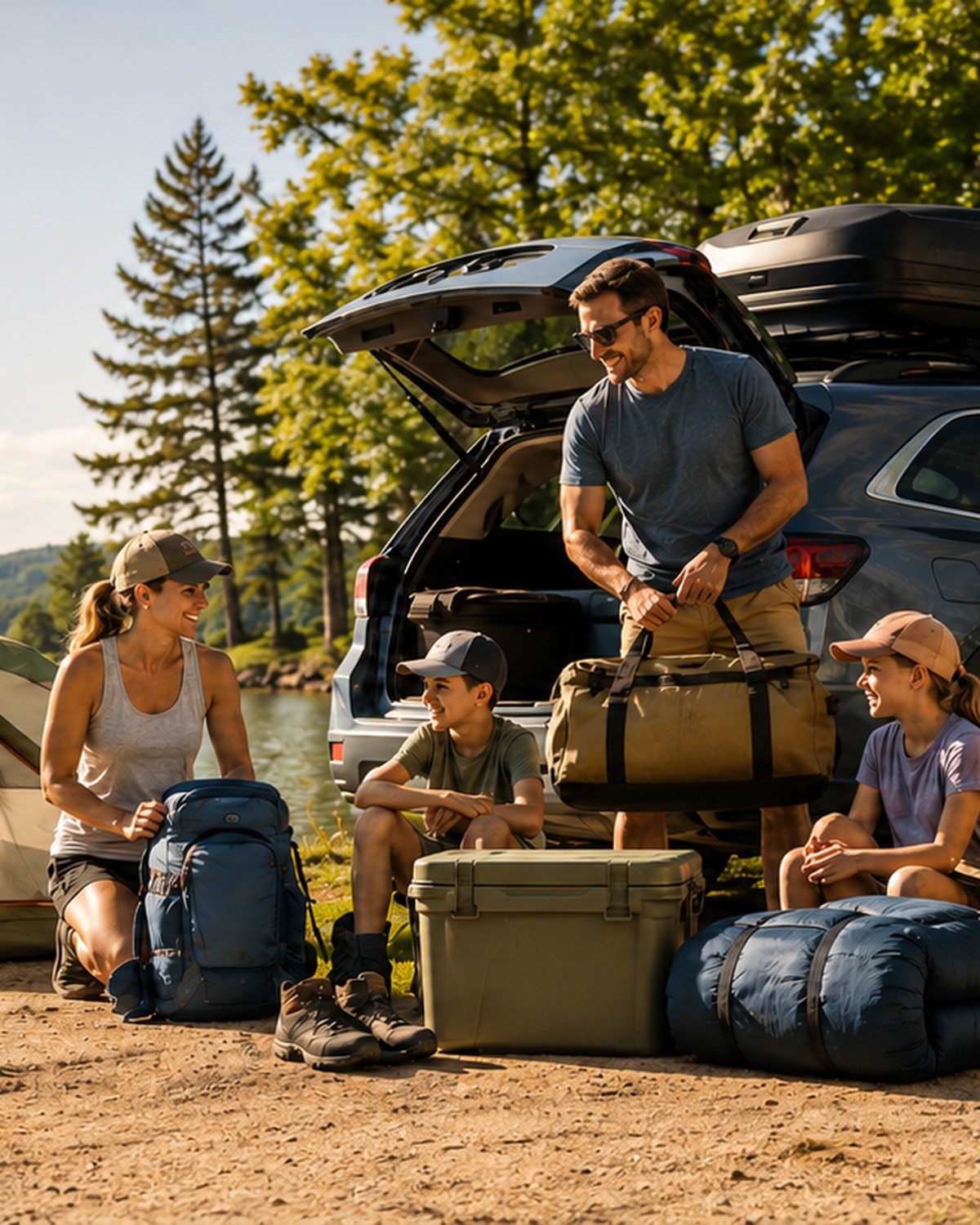 Mobile view of a family camping by the lake with outdoor gear from Bill & Paul’s Sporthaus