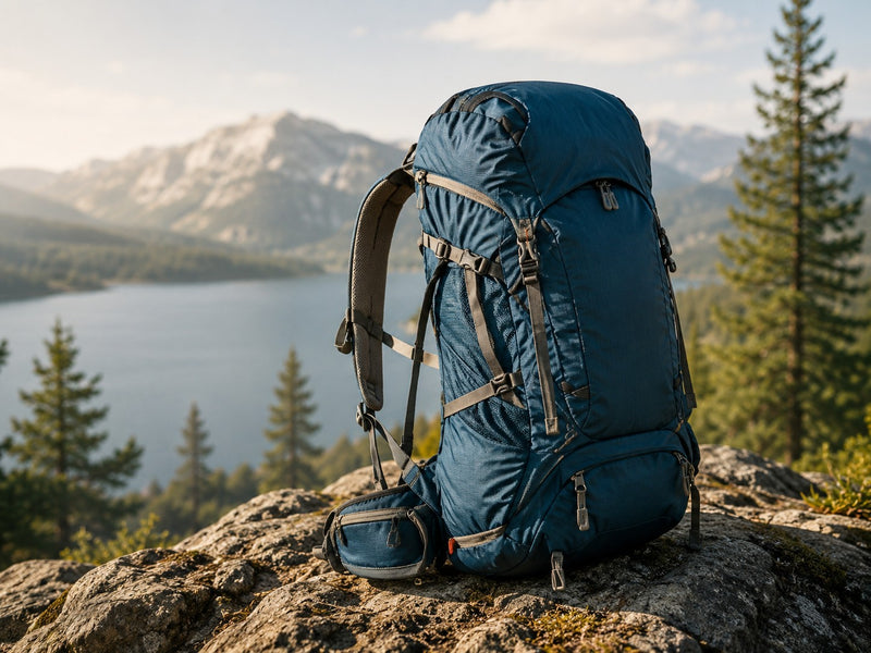 Hiking backpack overlooking a lake and mountain trail