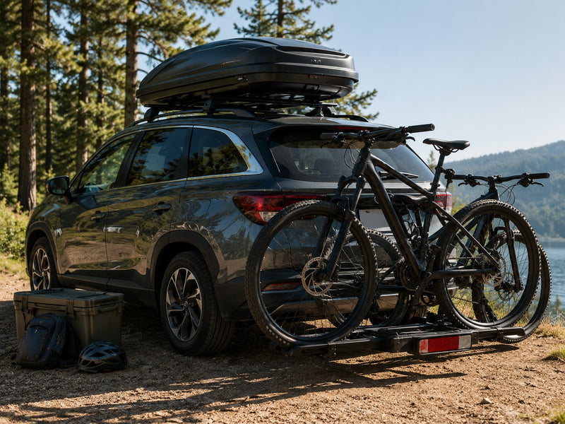 SUV with rooftop cargo box, bike rack and outdoor adventure accessories