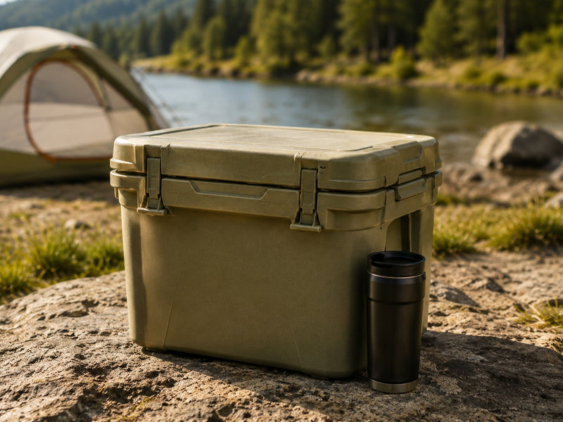 Rugged camping cooler and tumbler at a lakeside campsite
