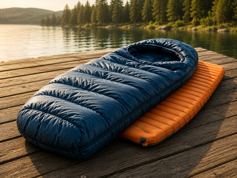 Sleeping bag and sleeping pad on a lakeside dock for summer camping