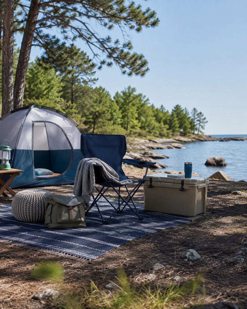 Cooler, camp chairs, drinkware, and beach camping essentials on Lake Michigan at sunset.