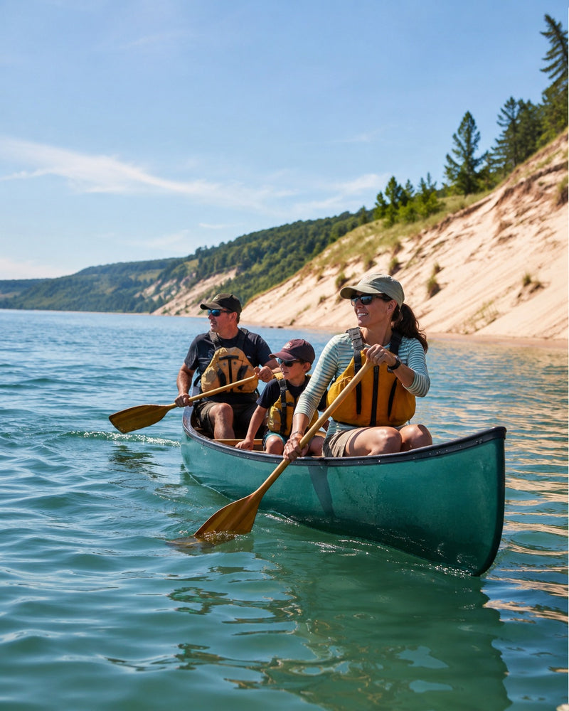 Family enjoying a canoe by the Lake Michigan shoreline at golden hour.