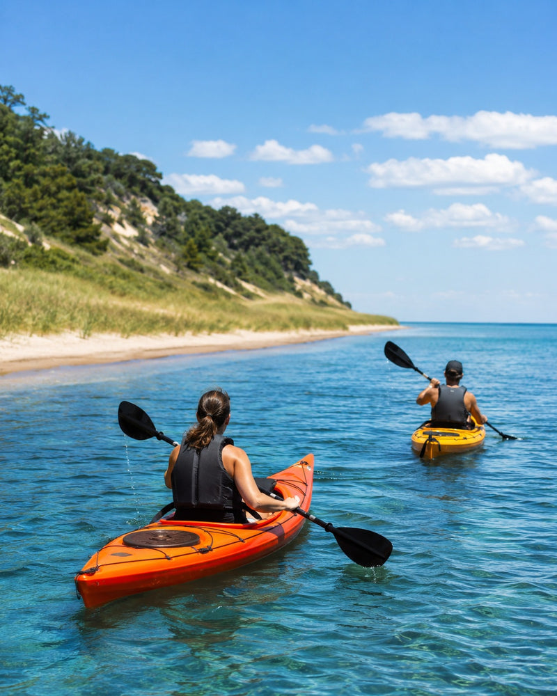 Woman kayaking near the Lake Michigan shore at sunset.