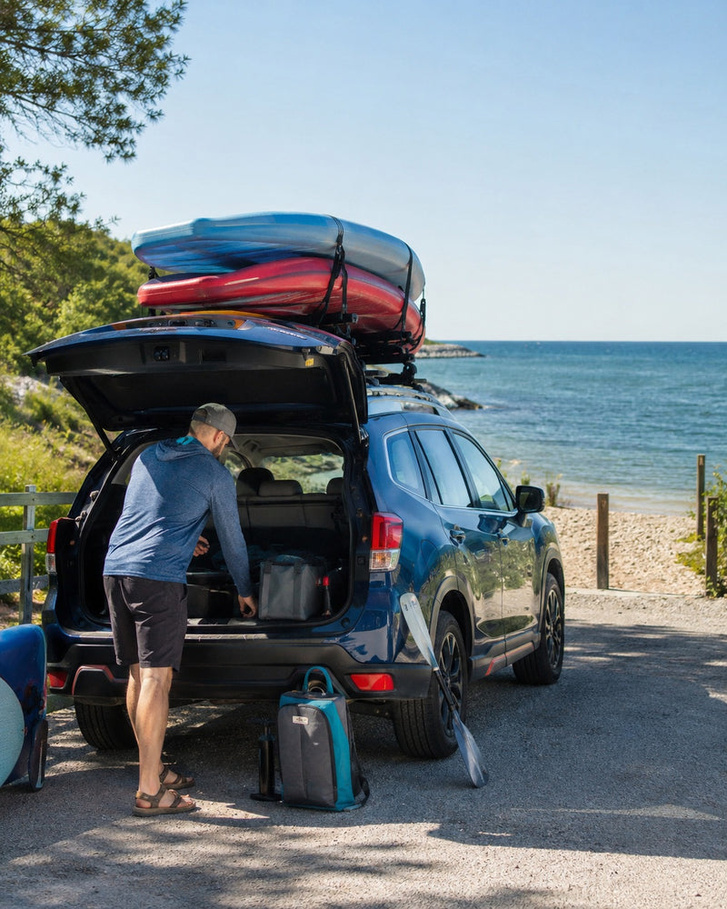 SUV with rooftop cargo box, bike rack, and outdoor adventure accessories by a lake