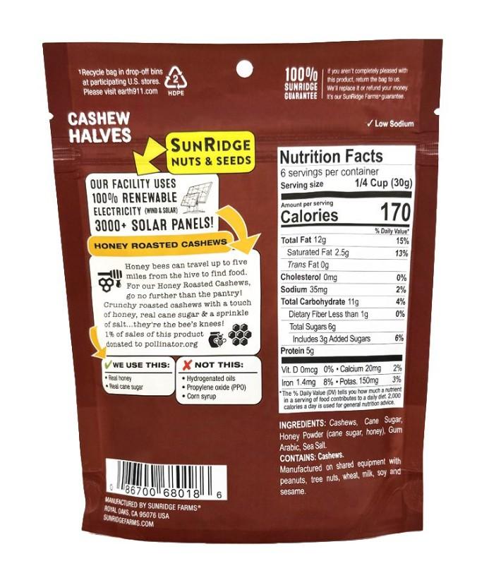 Honey Roasted Cashew Halves 6oz