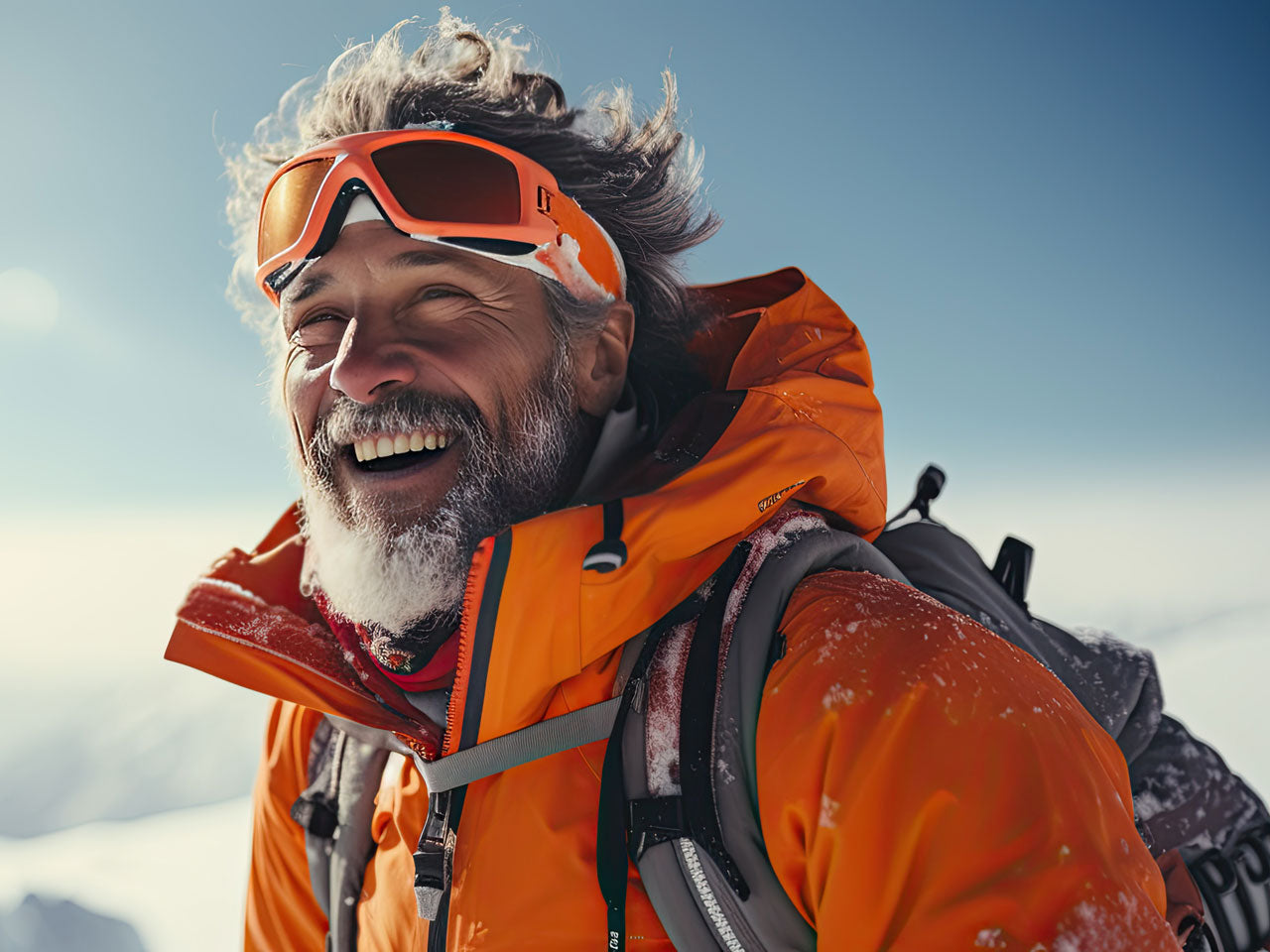 Man in an orange jacket and goggles on a mountain top