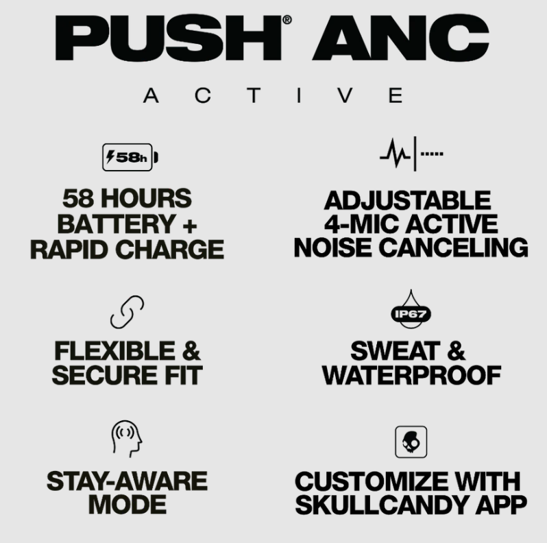 Push ANC Active True Wireless Active Earbuds with Noise Canceling